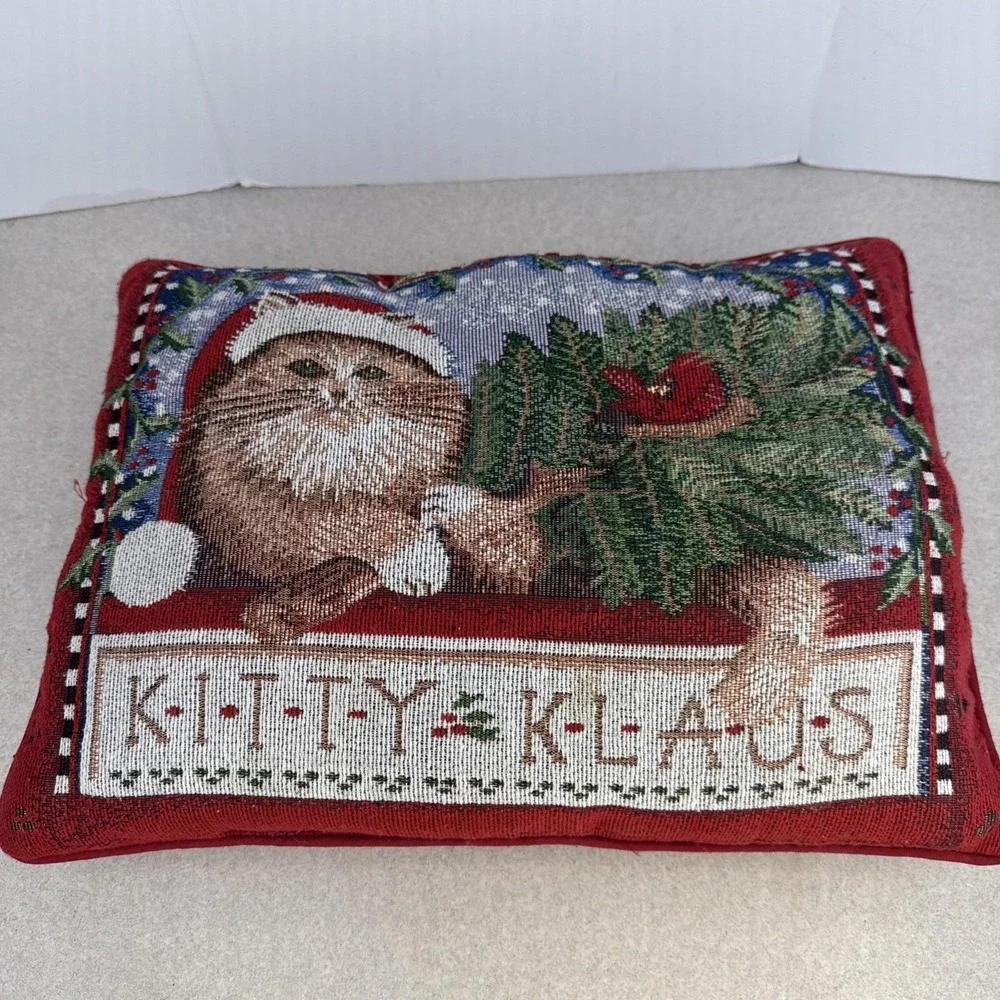 Vintage Embroidery Needlepoint‎ Tapestry Christmas Kitty Klause Cat Red Pillow